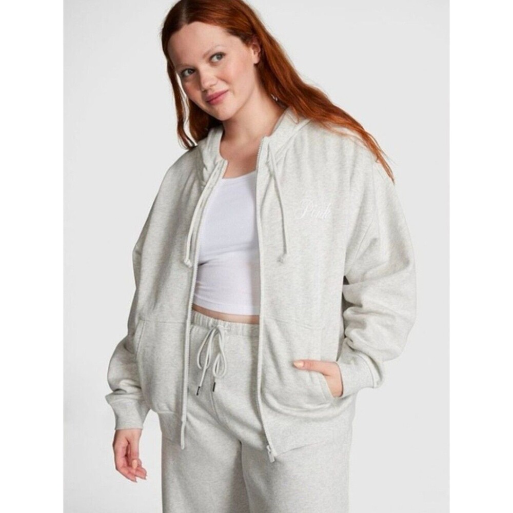 PINK Victoria's Secret Ivy Fleece Campus Full-Zip Hoodie Heather Grey